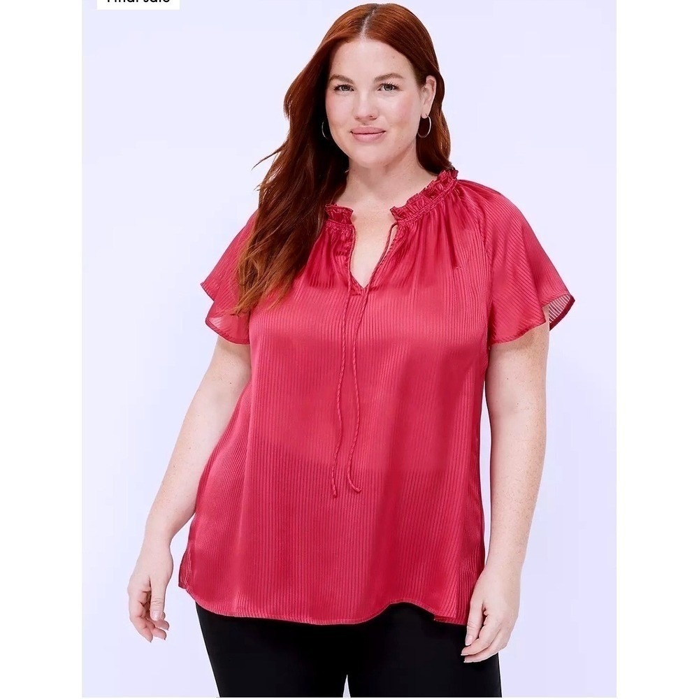 Lane Bryant Pink Shadow Stripe Ruffle Neck Swing Blouse Top Plus Size 22/24 NEW
